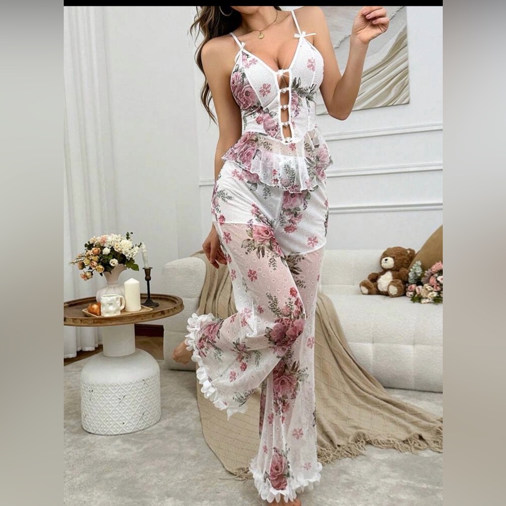Floral Sheer Lace Trim Jumpsuit - White with Pink Roses - Picture 5 of 7